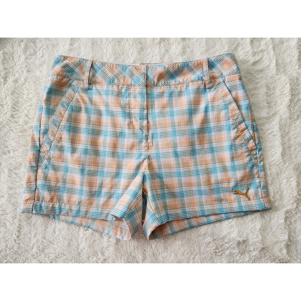 Puma Plaid Orange Blue White Shorts Womens Size 4 Inseam 3"